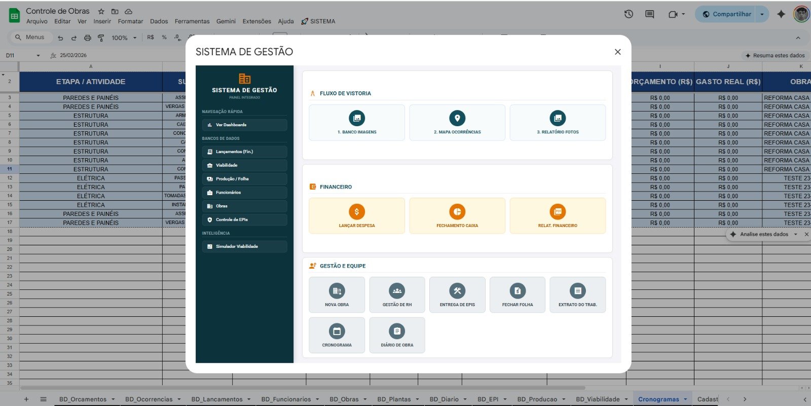 ERP de Gestão de Obras e Engenharia (Google Workspace)