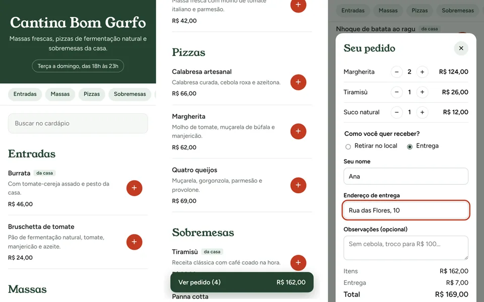 Tela do sistema Cardápio digital com pedido no WhatsApp