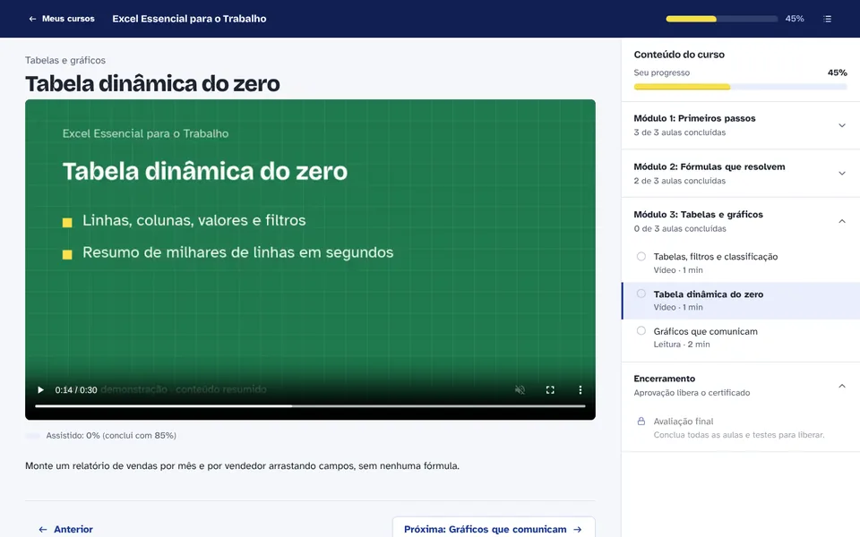 Tela do sistema Plataforma EAD com certificado